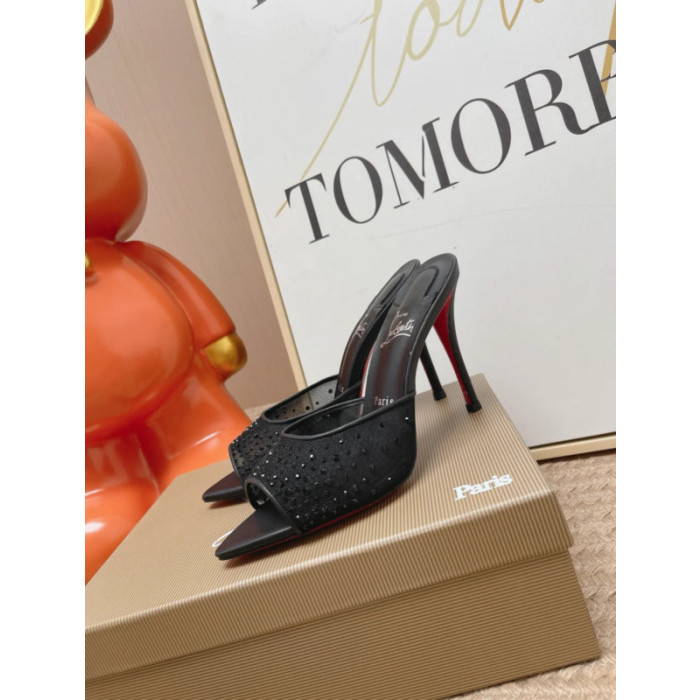 Christian Louboutin Black Mesh Crystal‑Embellished 100mm Stiletto Heel Mules
