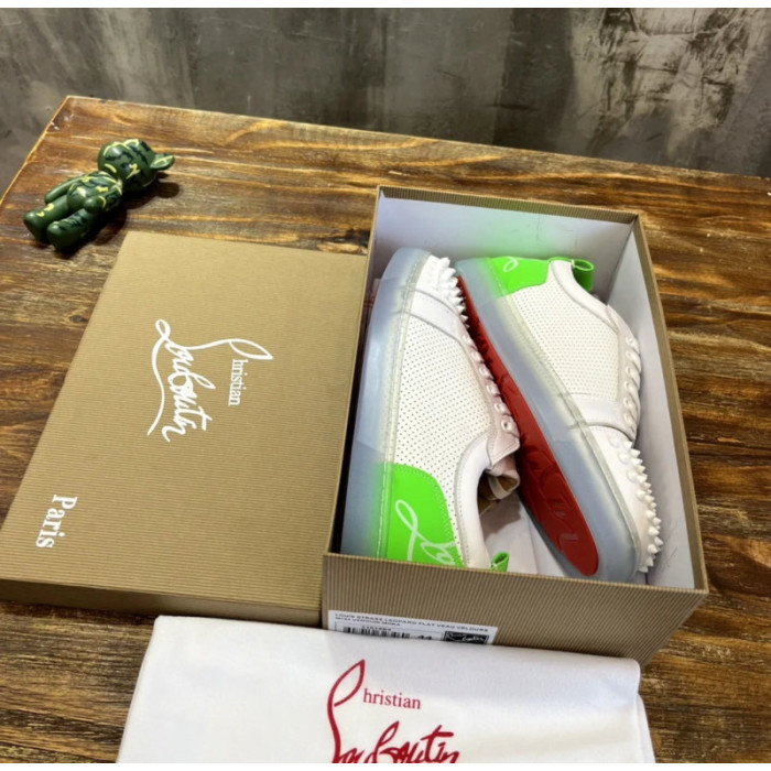 Christian Louboutin White Perforated Leather Green‑Accent White‑Spiked Low‑Top Sneakers