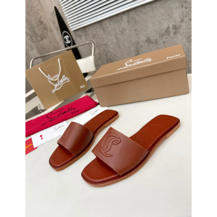 Christian Louboutin Caramel Brown Leather Stitched Logo Flat Slide Sandal