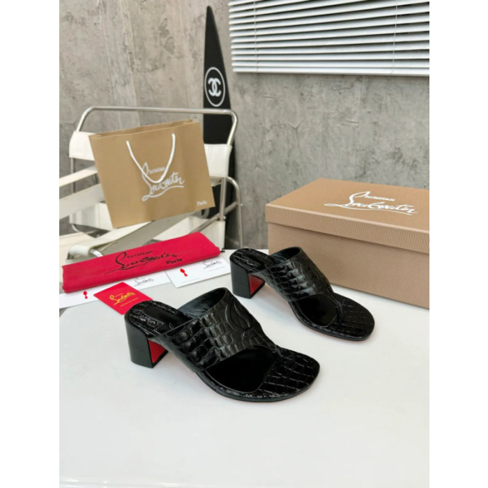 Christian Louboutin Black Croc‑Embossed 70mm Block Heel Thong Mule Sandals