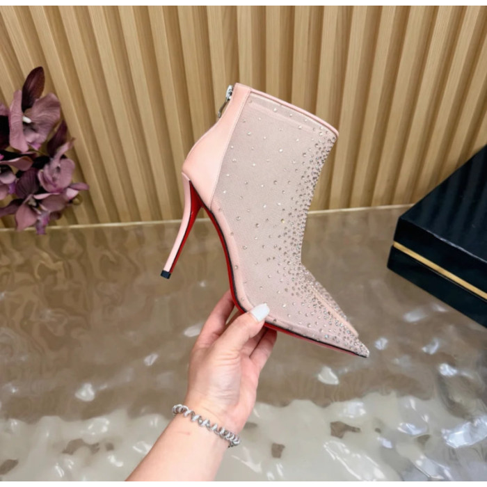 Christian Louboutin Nude Mesh 100mm Crystal‑Embellished Pointed Toe Stiletto Heel Ankle Boots