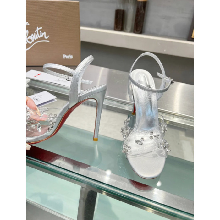 Christian Louboutin Silver Metallic Crystal‑Adorned 100mm Stiletto heel Sandals