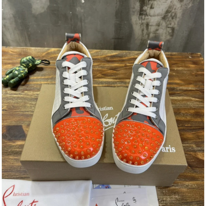 Christian Louboutin Multi‑Material Spike‑Toe Low‑Top Leather Sneakers
