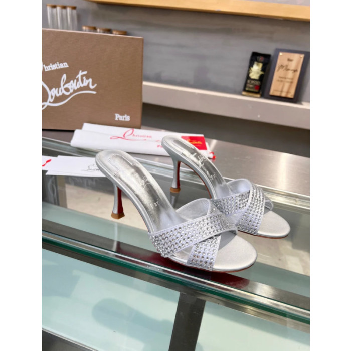 Christian Louboutin Silver Crystal Crisscross Mule Slide Sandal 100mm heel