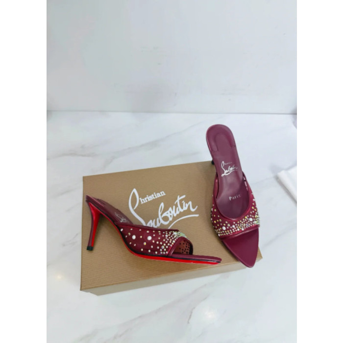 Christian Louboutin Burgundy Mesh Crystal 70mm Pointed‑Toe Mule High‑Heel Sandals