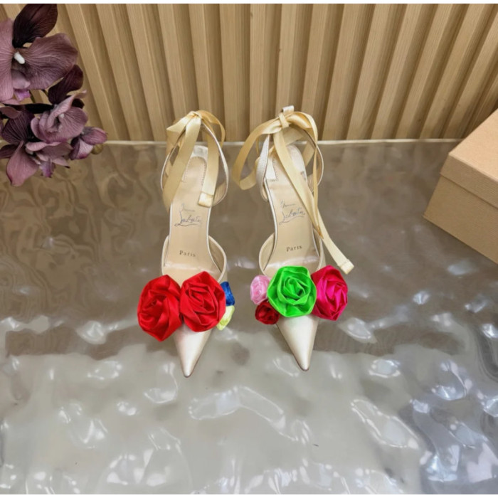 Christian Louboutin Ivory Satin Multicolor Fabric Flower 100mm Stiletto Heel Slingback Pumps