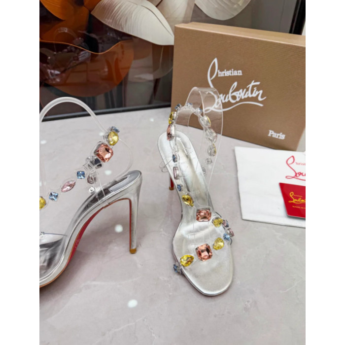 Christian Louboutin Silver PVC Multicolor Crystal‑Embellished 100mm Stiletto Heel Sandals