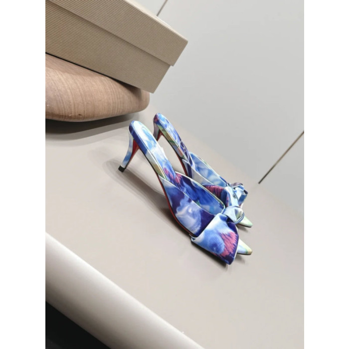 Christian Louboutin Blue Watercolor‑Print Satin Bow Mule Kitten Heel Sandals 55mm heel