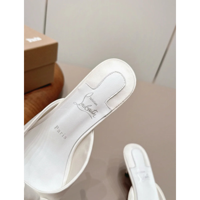 Christian Louboutin White Satin Large‑Bow Pointed‑Toe Mule Kitten Heel Sandals 55mm heel