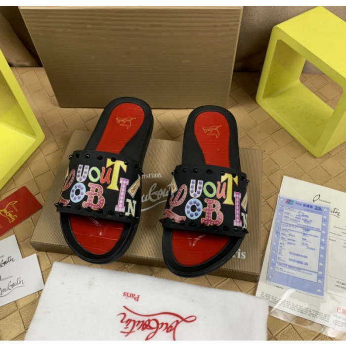 Christian Louboutin Black Colorful Graffiti‑Print Spiked Slide Sandals