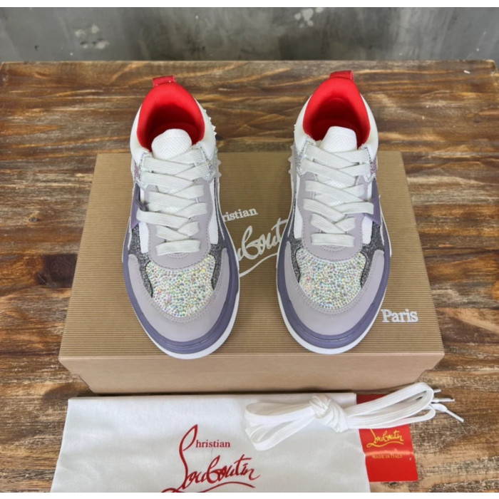 Christian Louboutin White Grey Purple Glitter Studded Low‑Top Sneakers
