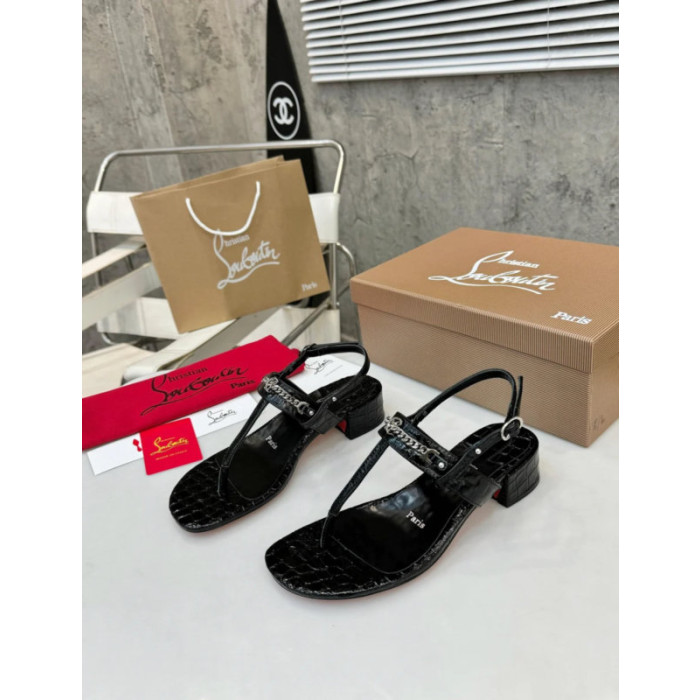 Christian Louboutin Croc‑embossed Black Leather Block Heel Thong Sandal