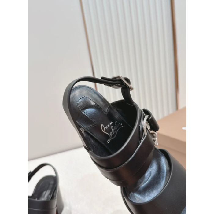 Christian Louboutin Black Leather Metal‑Ring Block Heel Sandals
