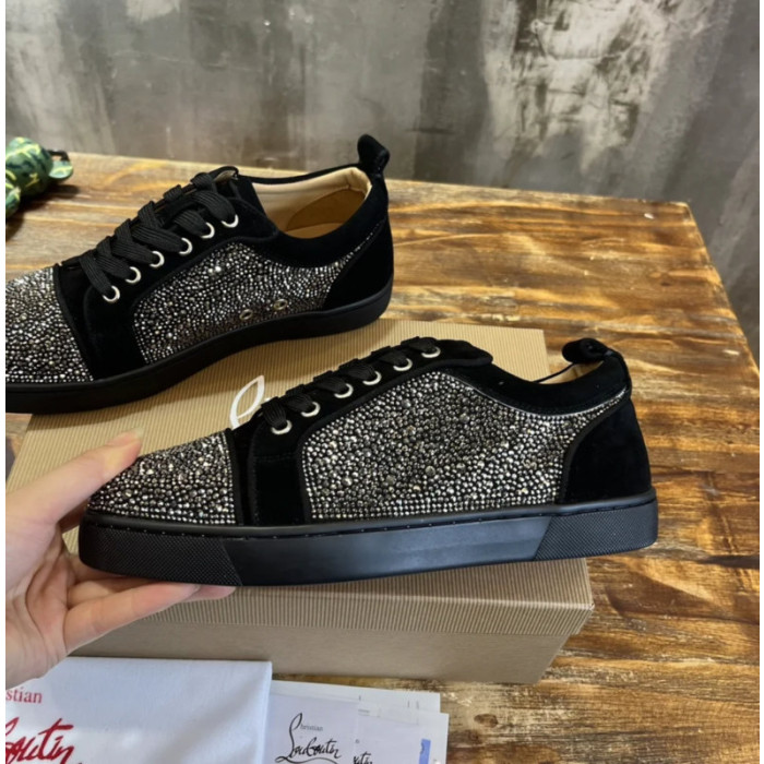 Christian Louboutin Black Suede Gunmetal Crystal‑Covered Low‑Top Men’s Sneakers