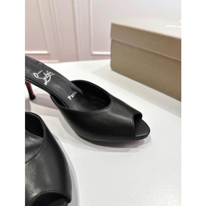 Christian Louboutin Black Leather 55mm Peep‑Toe Mule Heels