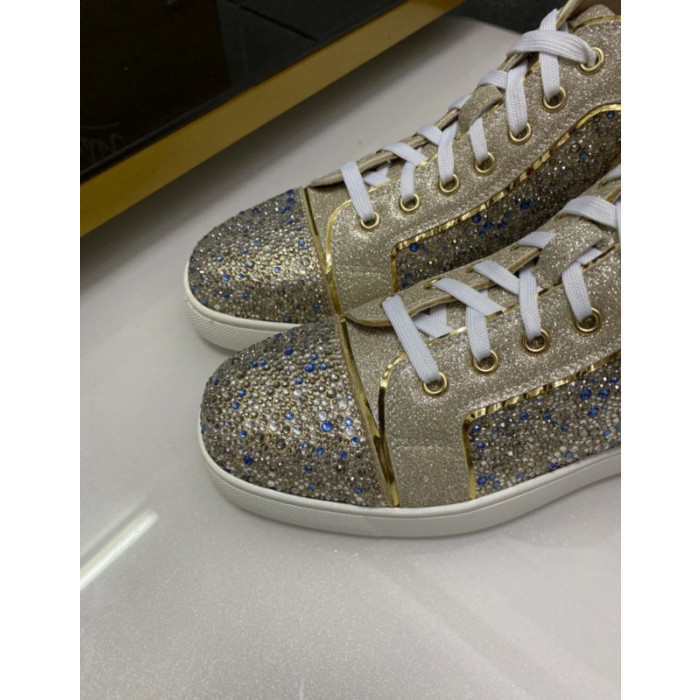 Christian Louboutin Gold Glitter Blue Crystal‑Embellished High‑Top Sneakers