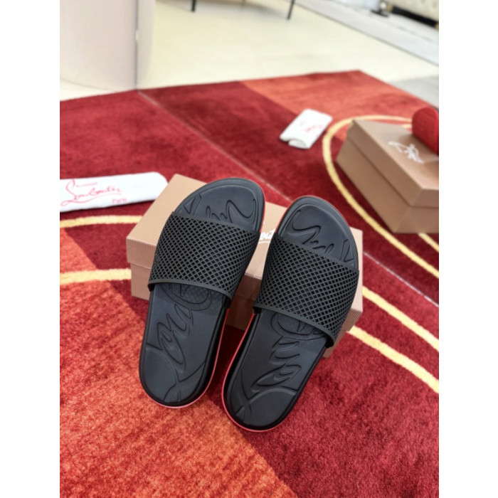 Christian Louboutin Black Mesh Logo Slide Sandals Red Rubber Outsole