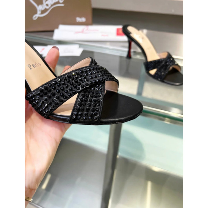 Christian Louboutin Black Crystal Crisscross Mule Slide Sandal 100mm heel