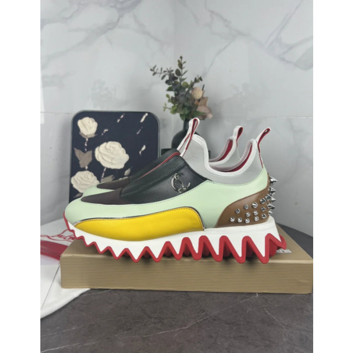 Christian Louboutin Multicolor Leather Slip‑On Spiked Sneakers Red Shark‑Tooth Sole