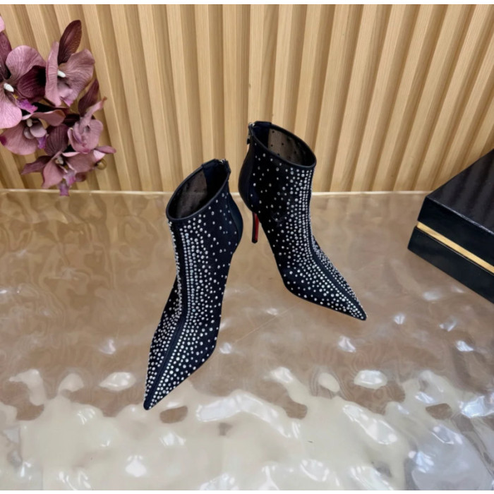 Christian Louboutin Black Mesh 100mm Crystal‑Embellished Pointed Toe Stiletto Heel Ankle Boots