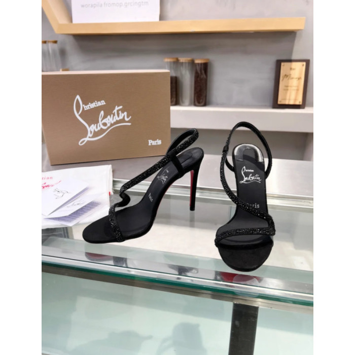 Christian Louboutin Black Suede Crystal‑Embellished 100mm heel Sandal