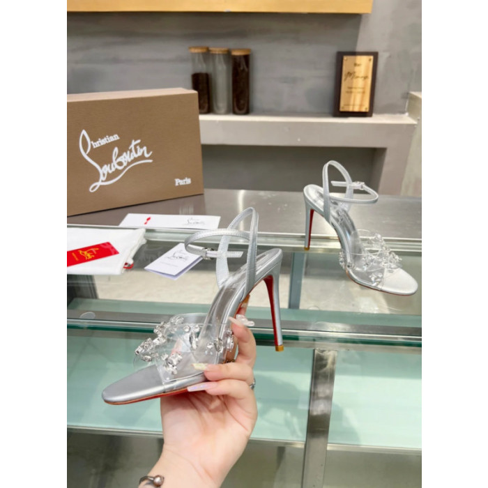 Christian Louboutin Silver Metallic Crystal‑Adorned 100mm Stiletto heel Sandals