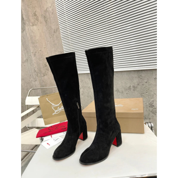 Christian Louboutin Black Suede 85mm heel Block‑Heel Knee‑High Boots