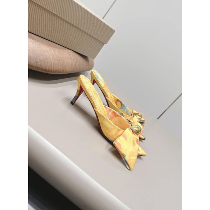 Christian Louboutin Yellow Watercolor‑Print Satin Bow Mule Kitten Heel Sandals 55mm heel