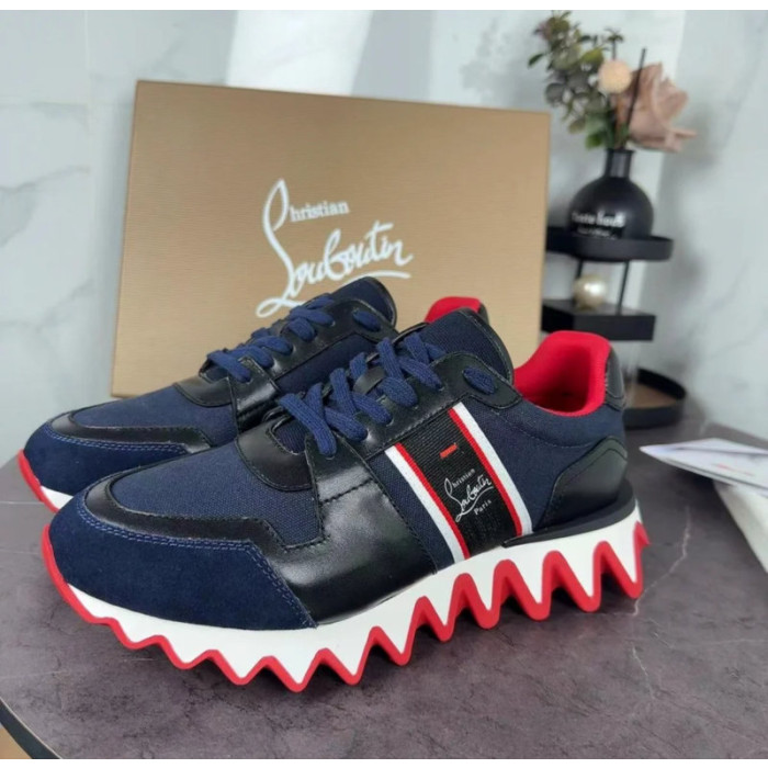 Christian Louboutin Navy‑Black Color‑Block Lace‑Up Sneakers Red Shark‑Tooth Sole