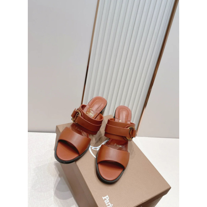 Christian Louboutin Brown Leather 85mm Block‑Heel Mule Sandals
