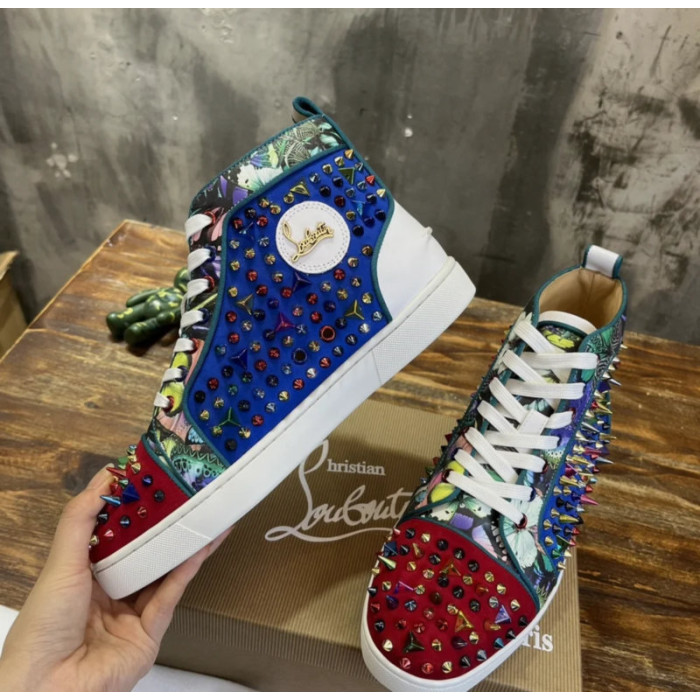 Christian Louboutin Multicolor Spike Jungle‑Print Suede High‑Top Sneakers