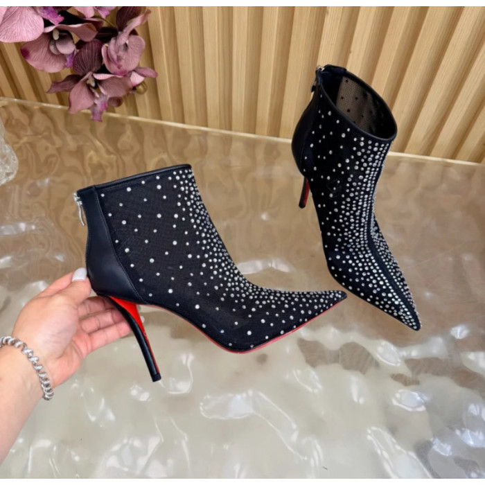 Christian Louboutin Black Mesh 100mm Crystal‑Embellished Pointed Toe Stiletto Heel Ankle Boots