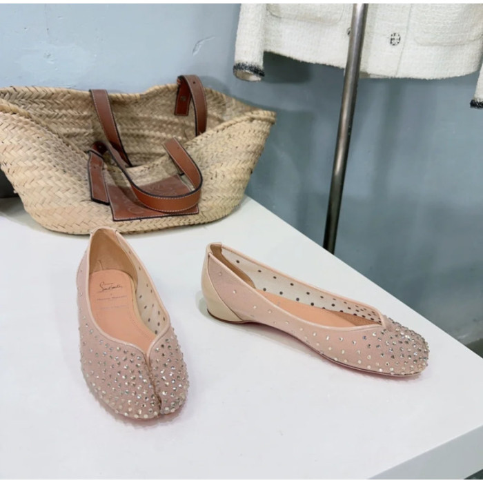 Christian Louboutin Nude Mesh Crystal‑Embellished Split‑Toe Ballet Flats