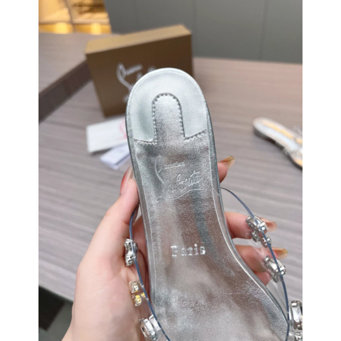 Christian Louboutin Clear Strap Crystal‑Adorned Silver Flat Slide Sandals
