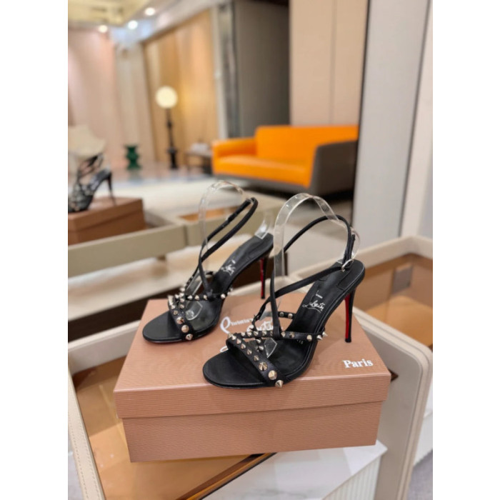 Christian Louboutin Black Leather Studded Crisscross Slingback High Heel Sandals