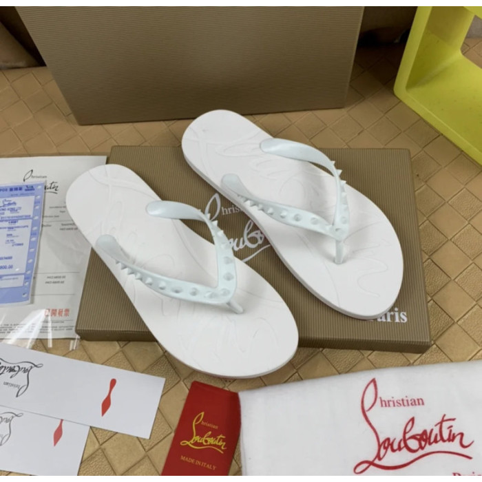 Christian Louboutin White Embossed‑Logo Studded Flip‑Flop Sandals