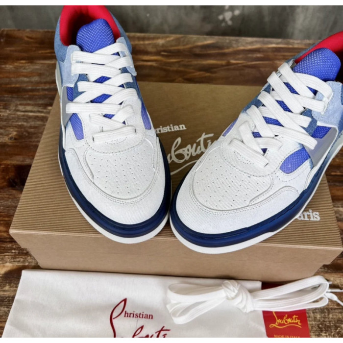 Christian Louboutin White‑Blue Denim Spiked Platform Low‑Top Sneakers