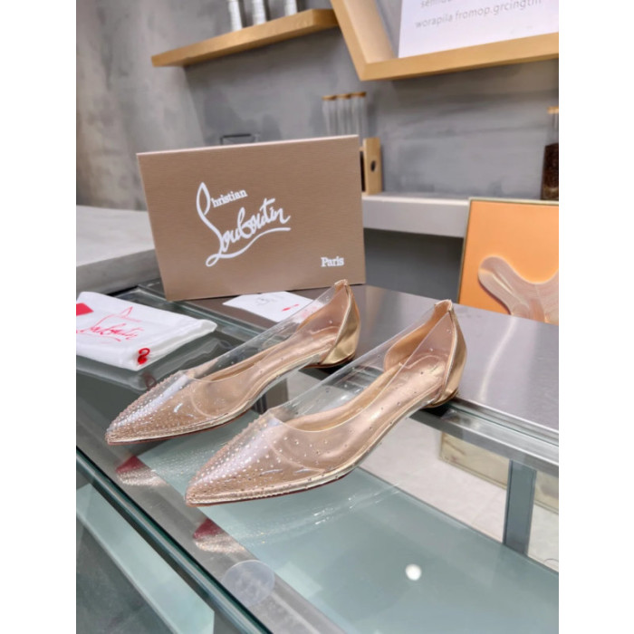 Christian Louboutin Clear PVC Gold Crystal Pointed‑Toe Flat Pumps
