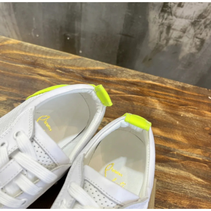 Christian Louboutin White Perforated Leather Fluorescent‑Yellow Accent Low‑Top Sneakers