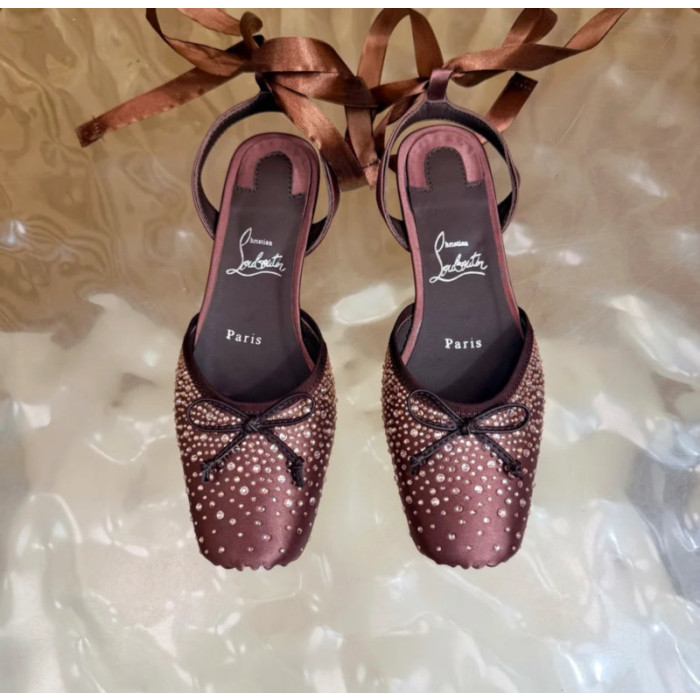 Christian Louboutin Brown Satin Crystal‑Embellished Ankle‑Tie Slingback Ballet Flats