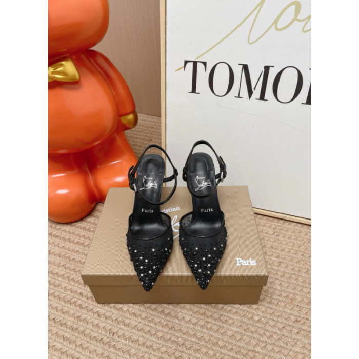 Christian Louboutin Black Mesh 80mm Apostropha Crystal‑Embellished Slingback Stiletto Heel Pumps
