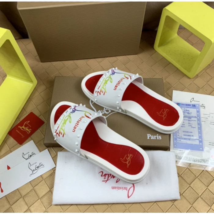 Christian Louboutin White Rainbow‑Logo Spiked Slip‑On Slide Sandals