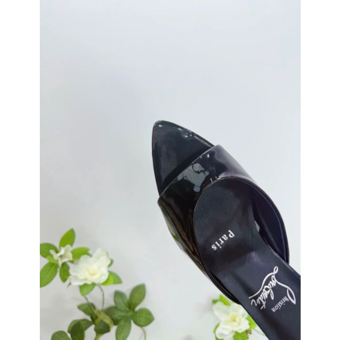 Christian Louboutin Black Patent 100mm Pointed‑Toe Heel Mule Sandals
