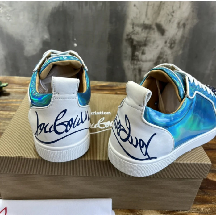 Christian Louboutin Holographic Blue Black‑Spiked Low‑Top Sneakers
