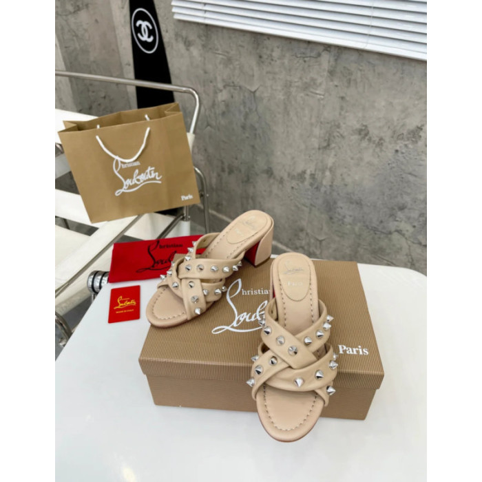 Christian Louboutin Beige Leather Studded 55mm heel Slide Sandals
