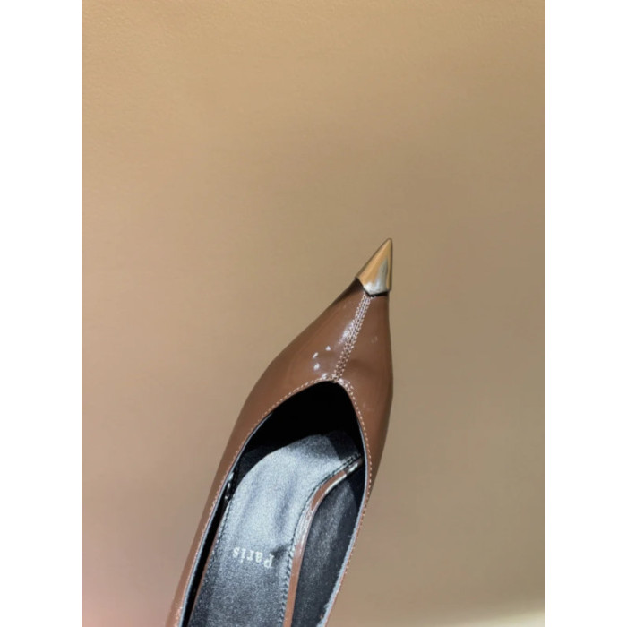 Christian Louboutin Brown Patent Metal‑Tip Pointed Toe Kitten Heel Pumps