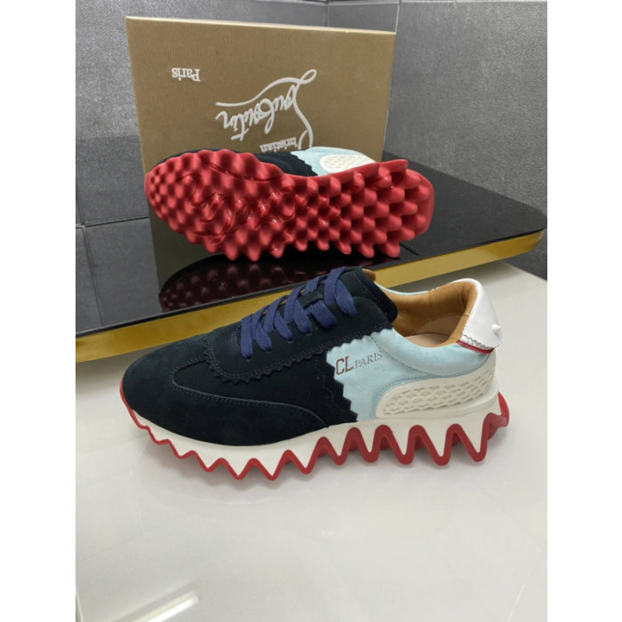 Christian Louboutin Navy‑Light‑Blue Suede Shark Tooth Sole Low‑Top Sneakers