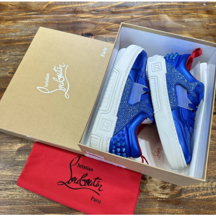 Christian Louboutin Blue Satin Crystal Spiked Low‑Top Sneakers