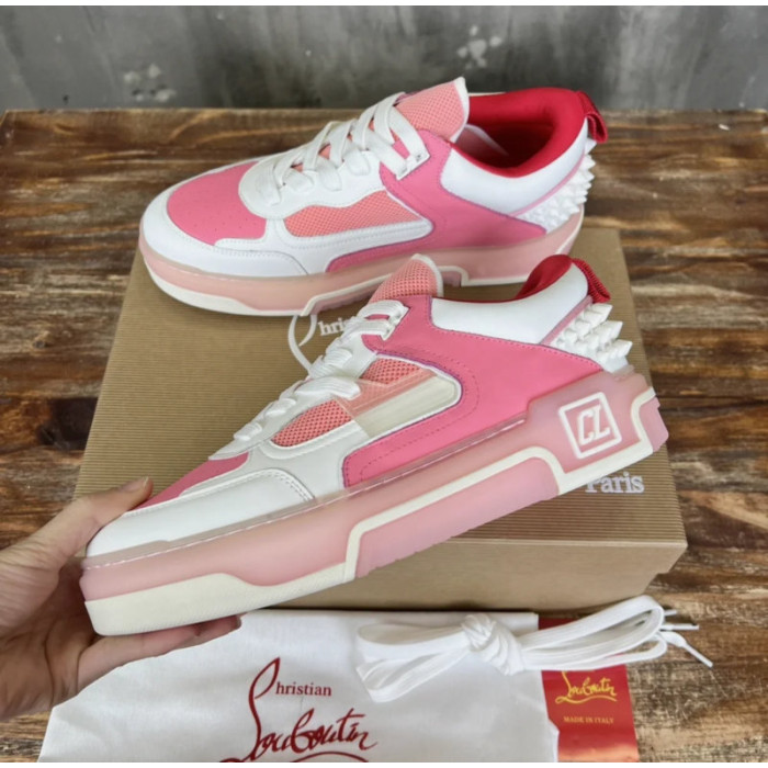 Christian Louboutin Pink White Mixed‑Media Spiked Low‑Top Sneakers