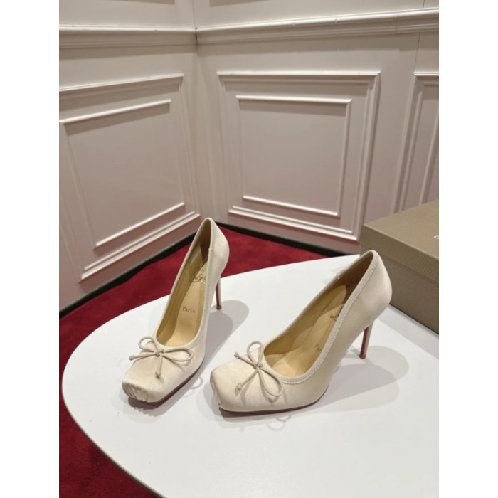 Christian Louboutin Ivory Satin Bow 100mm Square Toe Stiletto Pumps